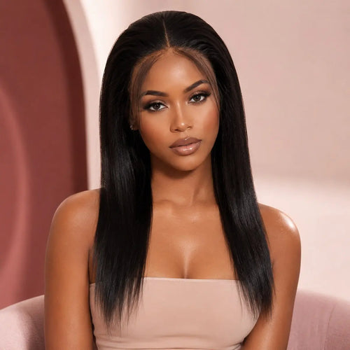 Black woman wearing YOURHAIR 13x4 HD lace straight human hair wig
13x4 HD lace straight human hair wig front mannequin view
Straight human hair lace wig side view
Natural straight human hair wig back texture
13x4 HD lace hairline and knots close-up
13x4 lace frontal wig cap construction