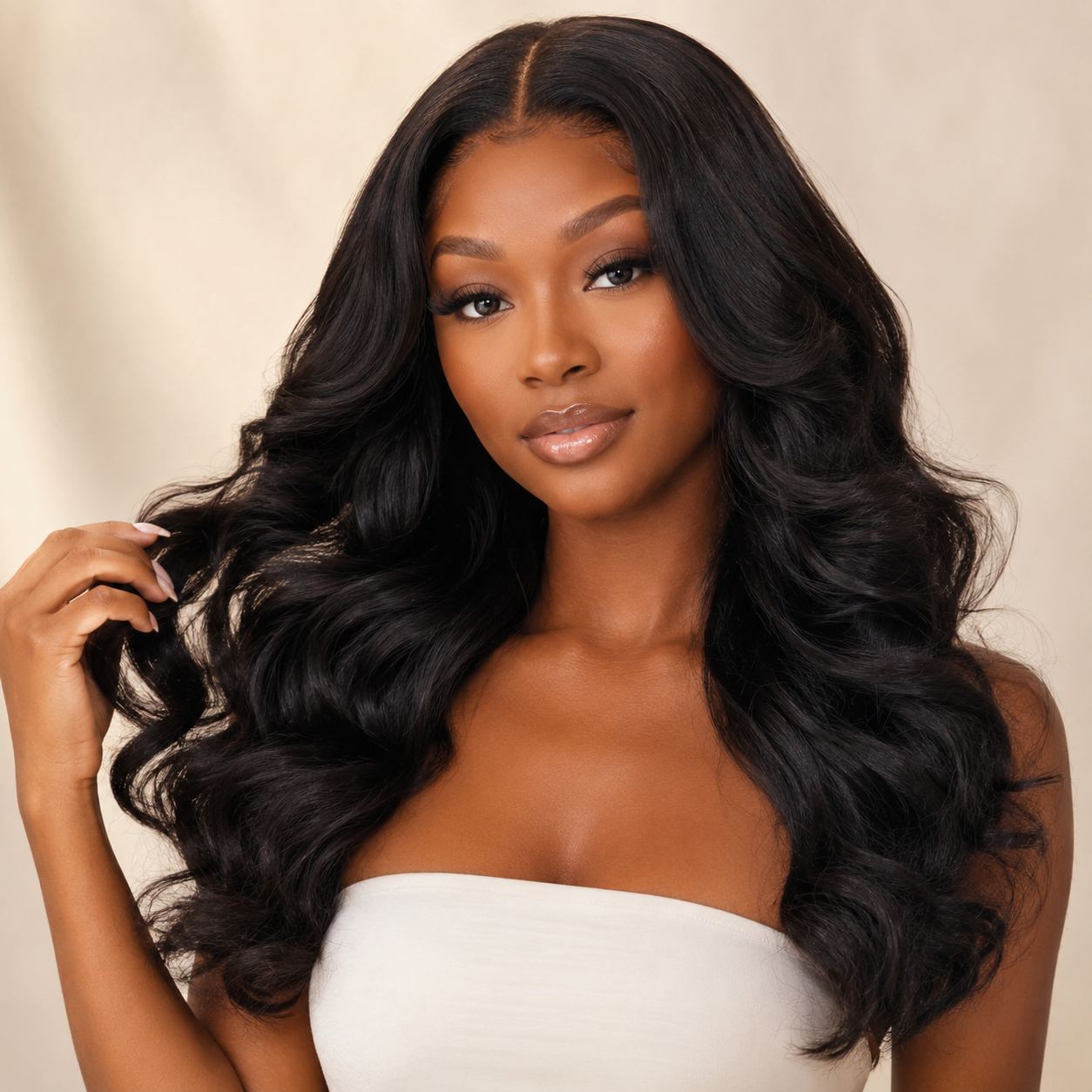 100% Human Hair 7x5 & 13x4 HD Pull & Go Black Fluffy Loose Wave Wispy Bangs Glueless Wig with Flexible Drawstring