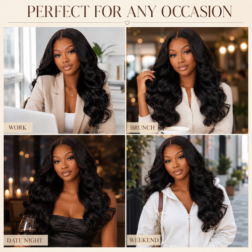 100% Human Hair 7x5 & 13x4 HD Pull & Go Black Fluffy Loose Wave Wispy Bangs Glueless Wig with Flexible Drawstring