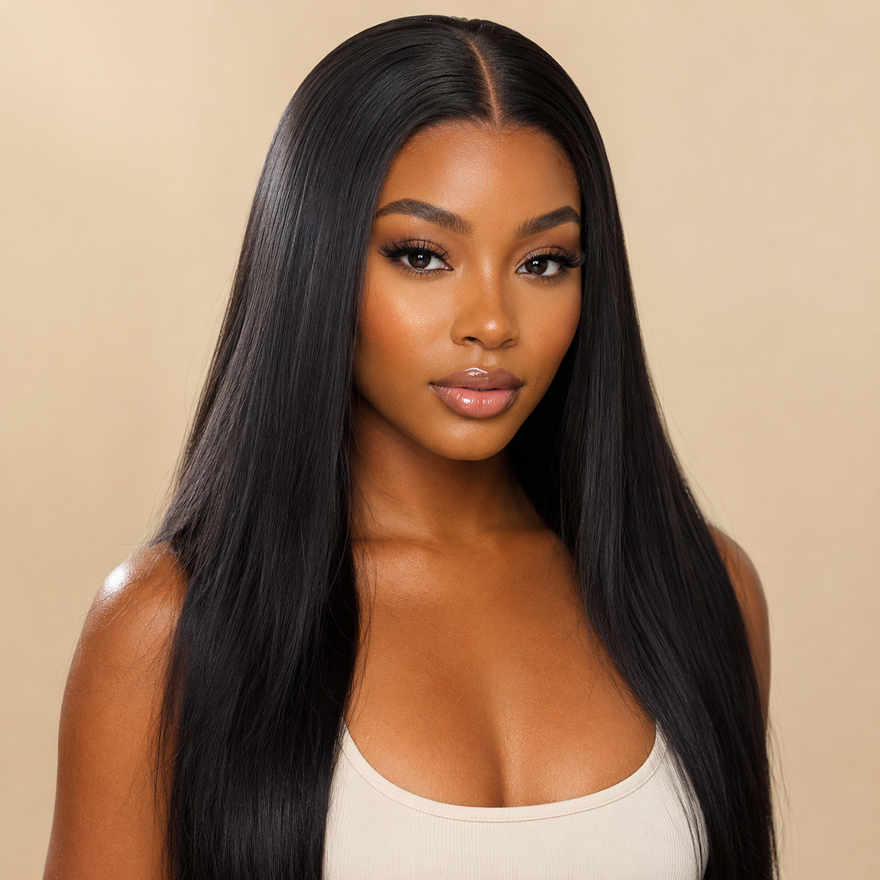 13x4 Glueless Lace Black Straight Wig – Bleached Knots, Drawstring | 150% / 180% Density