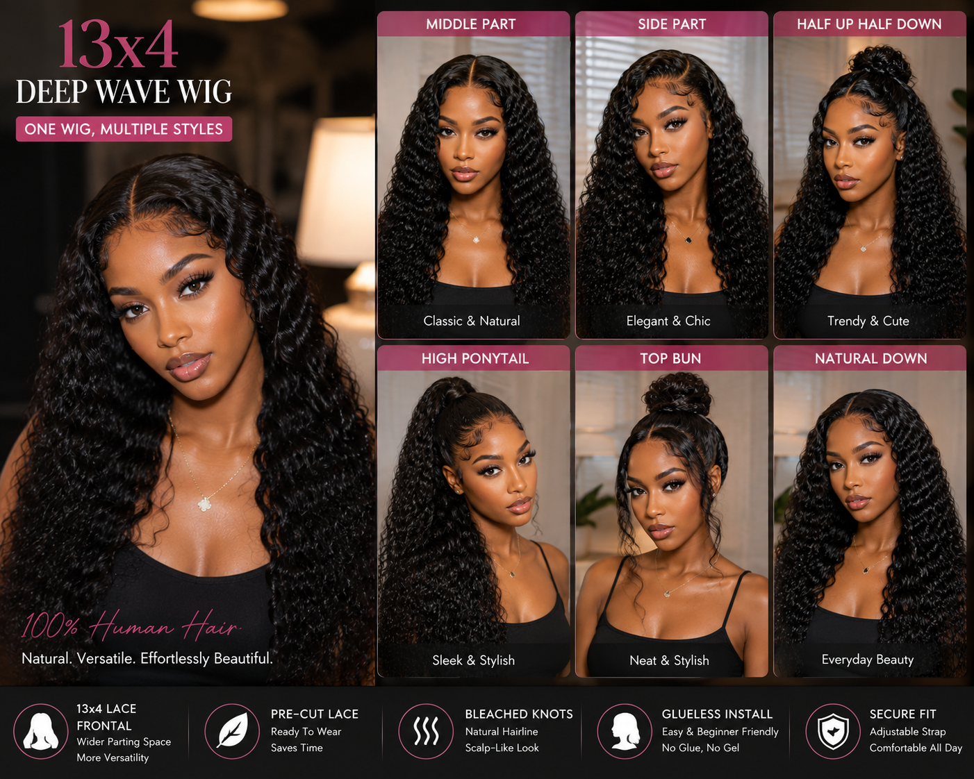 13x4 Glueless Deep Wave Human Hair Wig – Natural Black Lace Frontal Wig, 150% Density