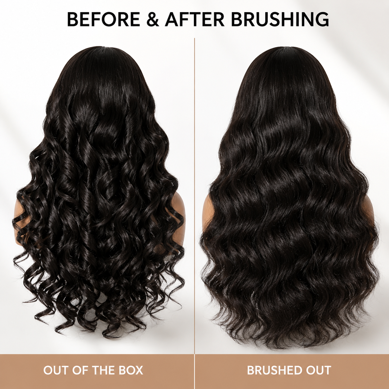 100% Human Hair 7x5 & 13x4 HD Pull & Go Black Fluffy Loose Wave Wispy Bangs Glueless Wig with Flexible Drawstring