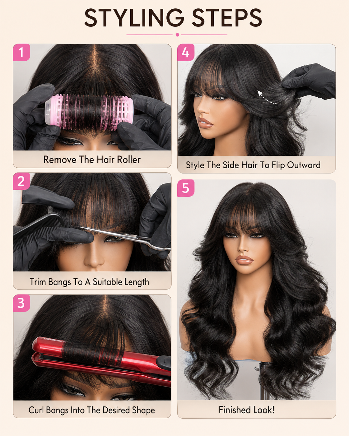 100% Human Hair 7x5 & 13x4 HD Pull & Go Black Fluffy Loose Wave Wispy Bangs Glueless Wig with Flexible Drawstring