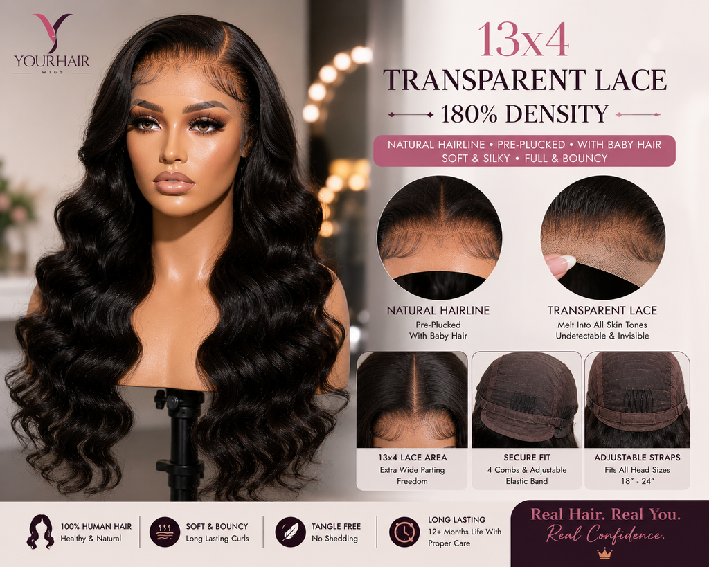 13x4 Lace Frontal Body Wave Human Hair Wig – 180% Density | Transparent Lace / HD Lace