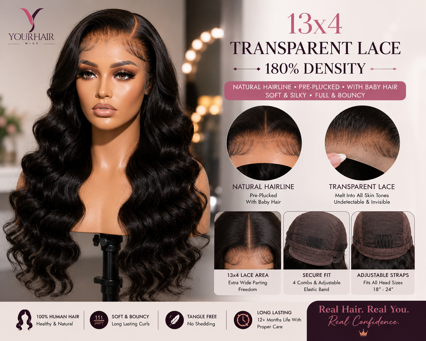 13x4 Lace Frontal Body Wave Human Hair Wig – 180% Density | Transparent Lace / HD Lace