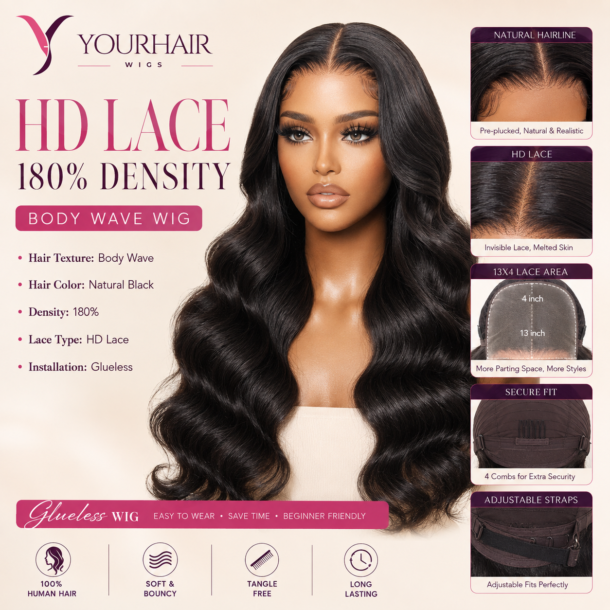 13x4 Lace Frontal Body Wave Human Hair Wig – 180% Density | Transparent Lace / HD Lace
