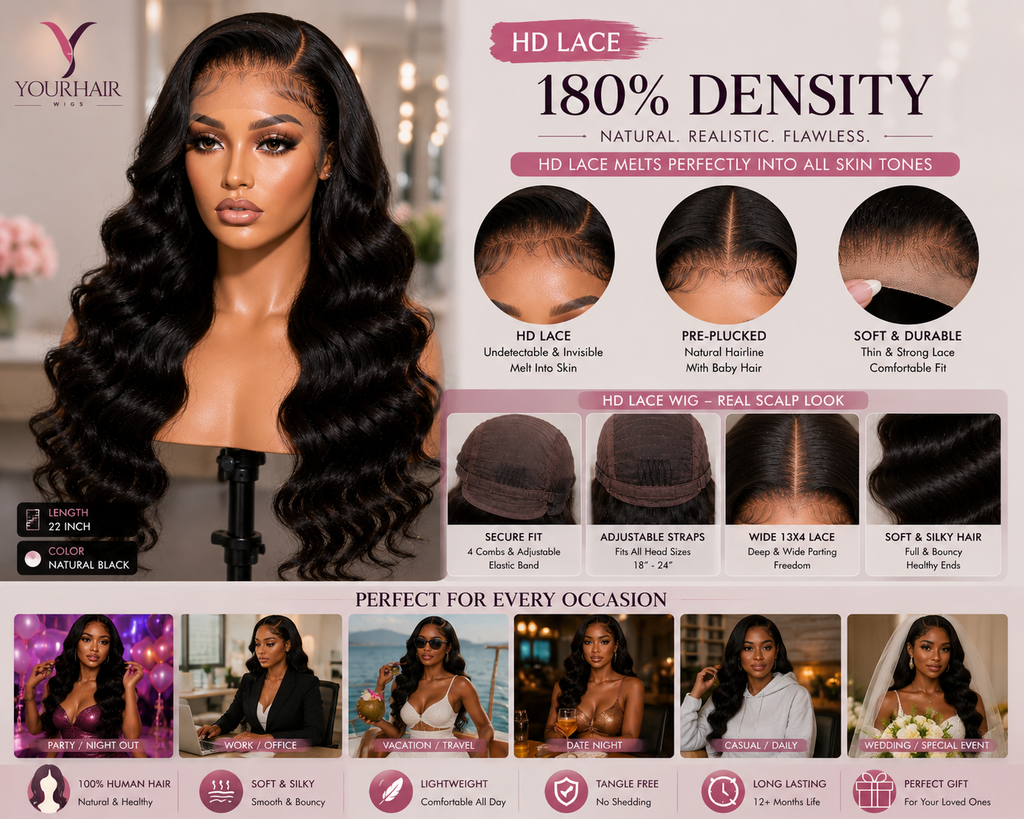 13x4 Lace Frontal Body Wave Human Hair Wig – 180% Density | Transparent Lace / HD Lace