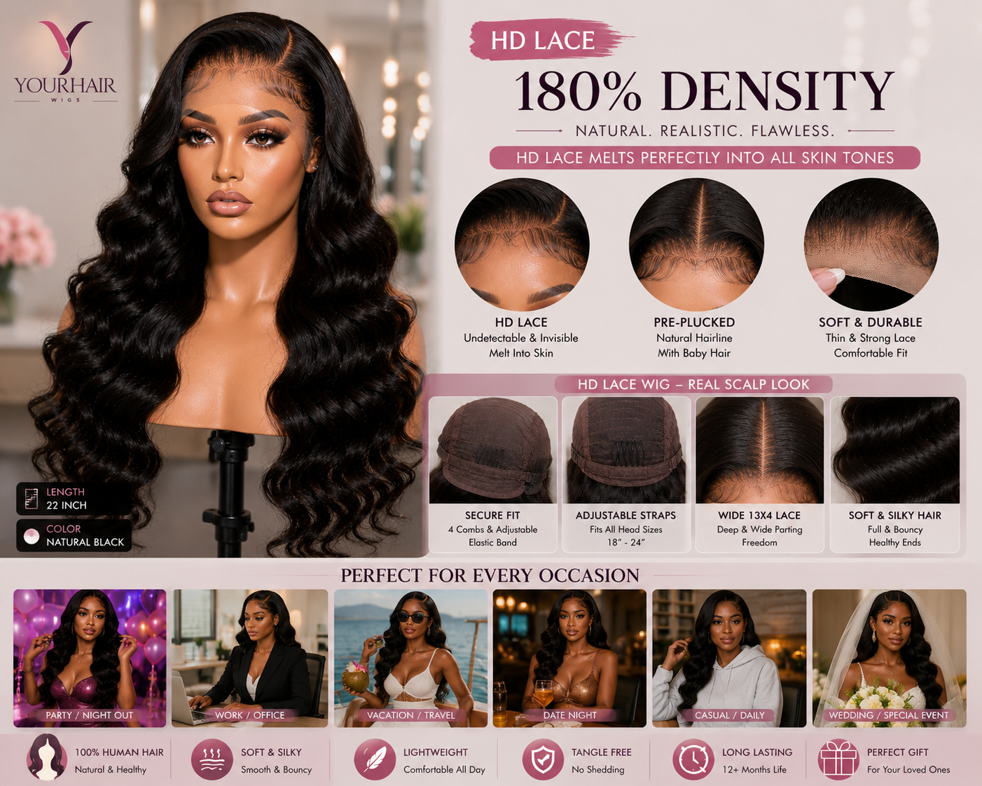 13x4 Lace Frontal Body Wave Human Hair Wig – 180% Density | Transparent Lace / HD Lace