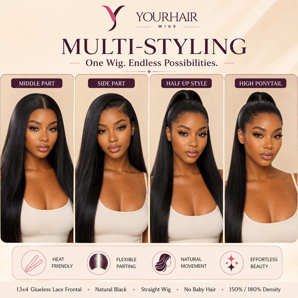 13x4 Glueless Lace Black Straight Wig – Bleached Knots, Drawstring | 150% / 180% Density