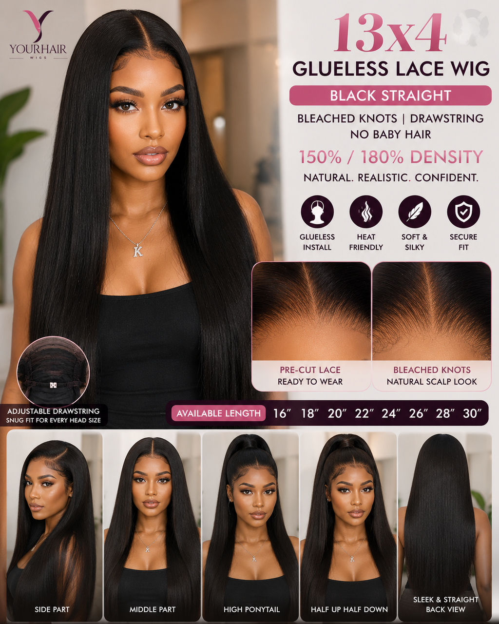 13x4 Glueless Lace Black Straight Wig – Bleached Knots, Drawstring | 150% / 180% Density