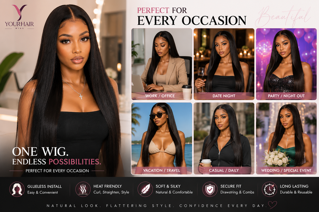 13x4 Glueless Lace Black Straight Wig – Bleached Knots, Drawstring | 150% / 180% Density