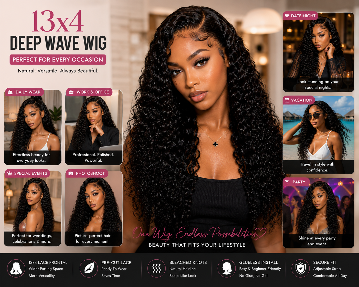 13x4 Glueless Deep Wave Human Hair Wig – Natural Black Lace Frontal Wig, 150% Density