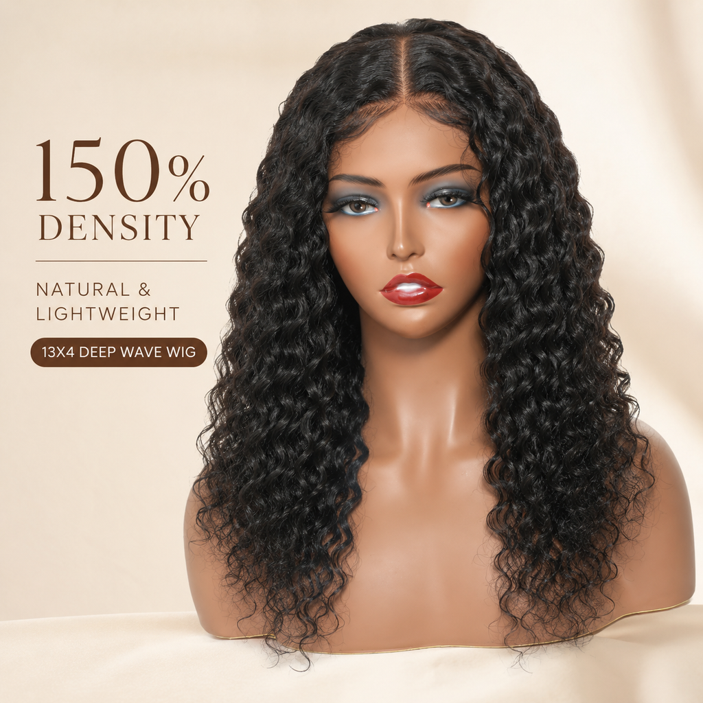 13x4 Glueless Deep Wave Human Hair Wig – Natural Black Lace Frontal Wig, 150% Density