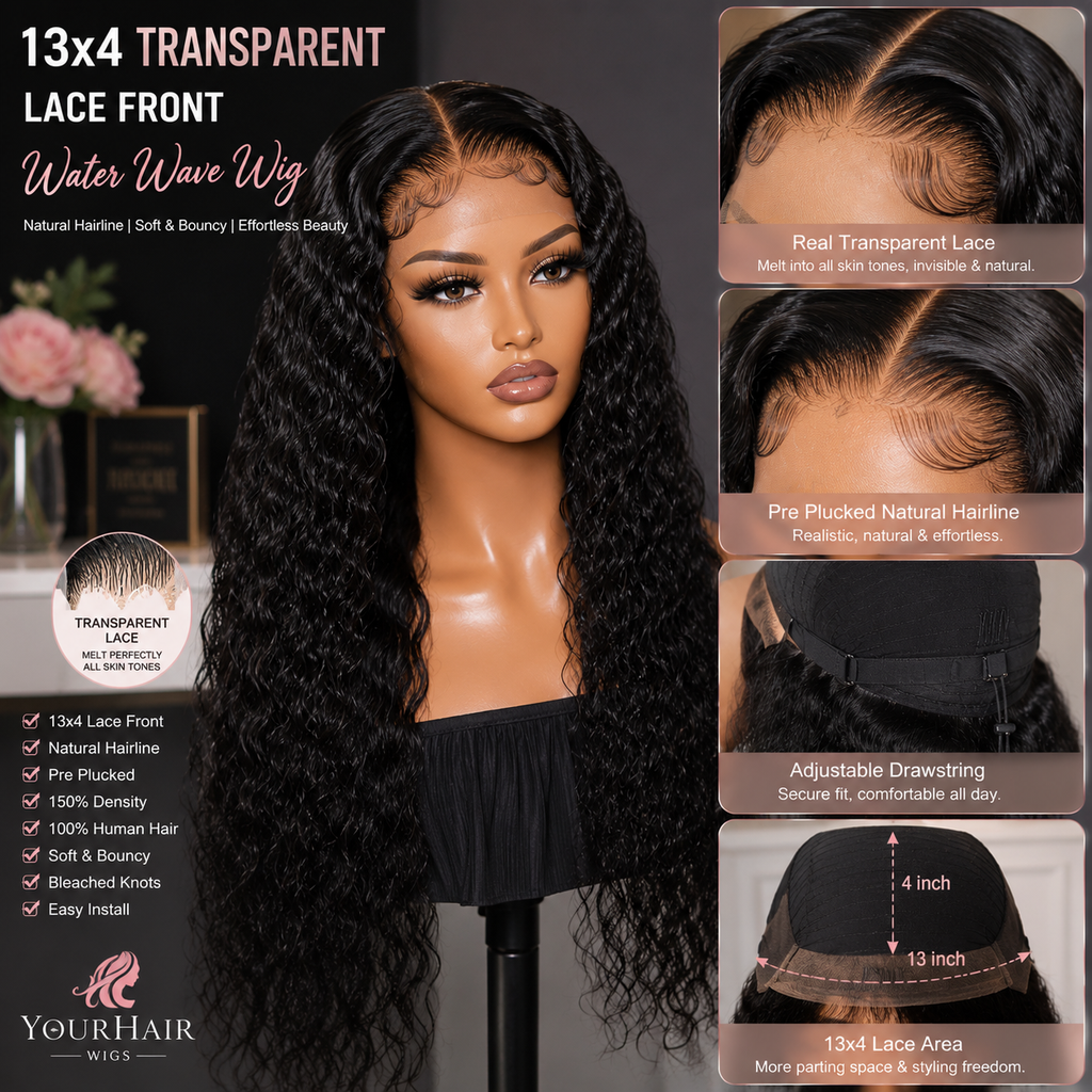 13x4 Water Wave Human Hair Wig – Transparent Lace Front, 150% Density, Adjustable Drawstring