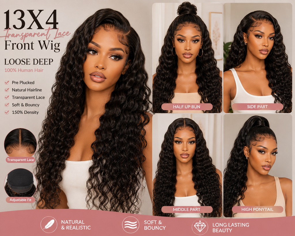 13x4 Loose Deep Wave Human Hair Wig – Transparent Lace Front, 150% Density, Natural Black