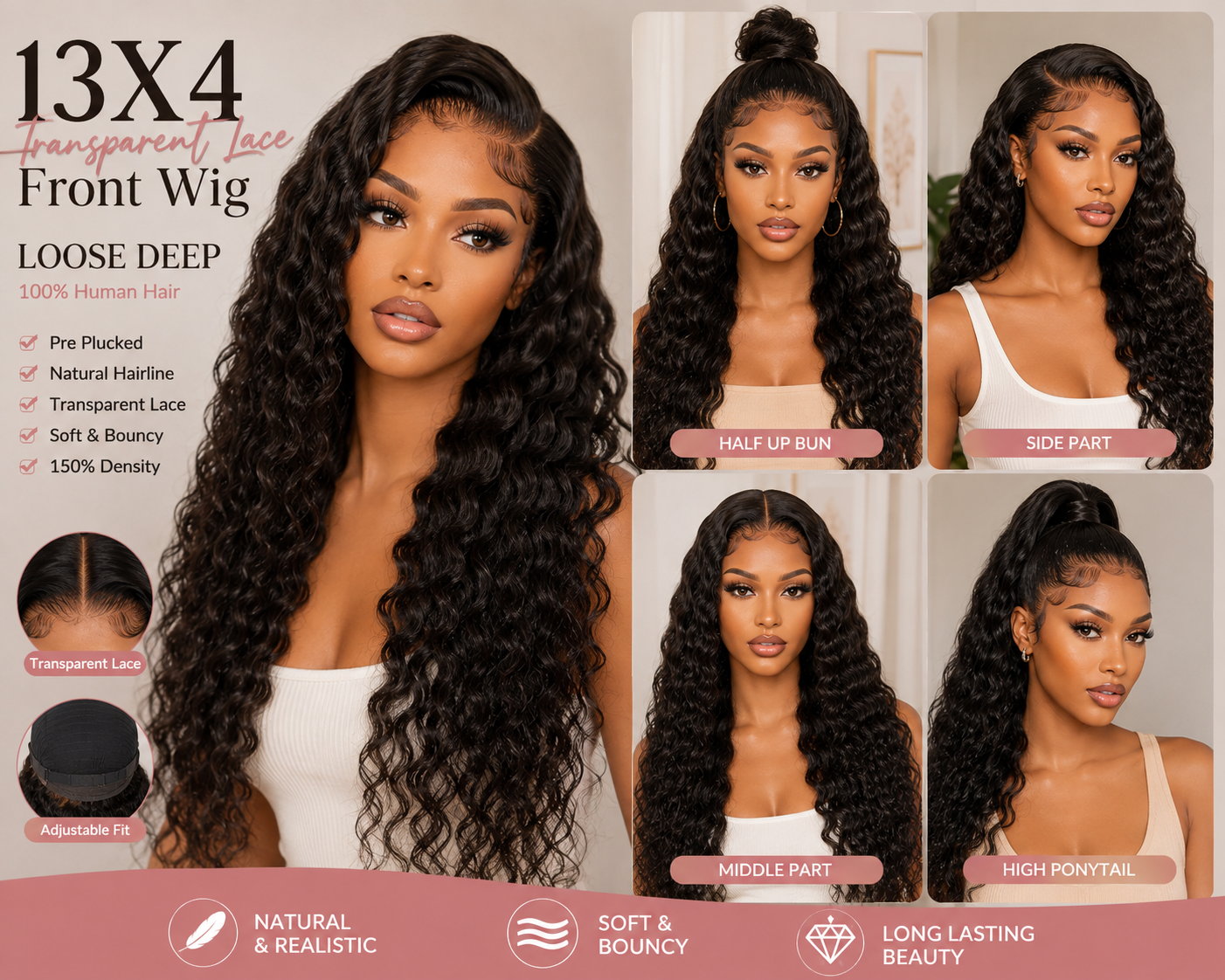 13x4 Loose Deep Wave Human Hair Wig – Transparent Lace Front, 150% Density, Natural Black