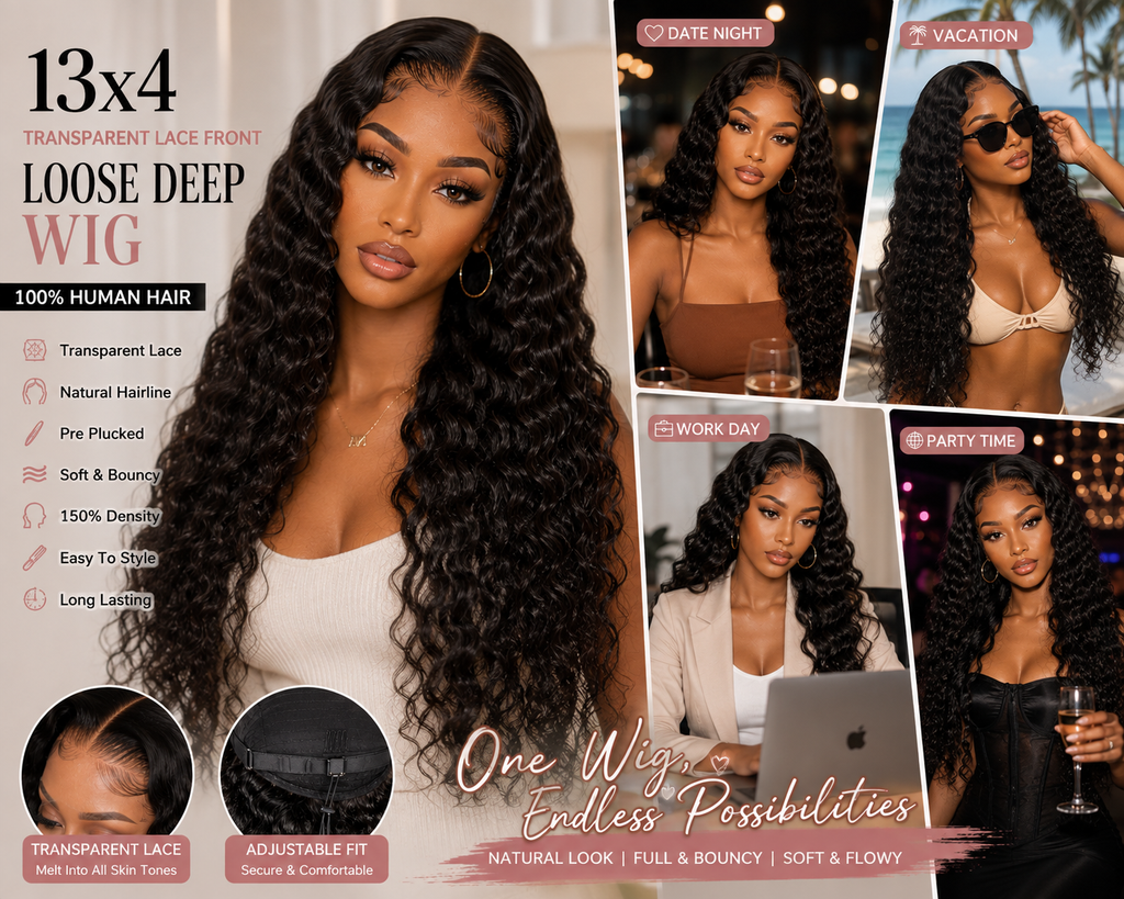 13x4 Loose Deep Wave Human Hair Wig – Transparent Lace Front, 150% Density, Natural Black