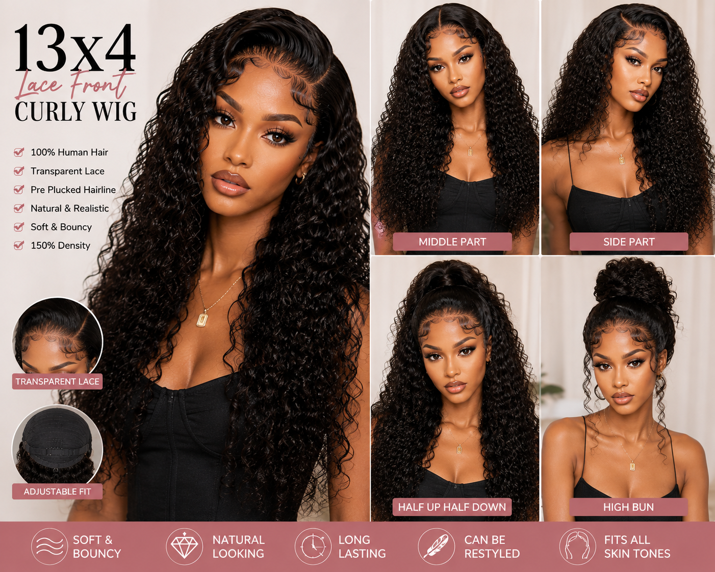 13x4 Jerry Curly Human Hair Wig – Transparent Lace Front, 150% Density, Natural Black Glueless Wig