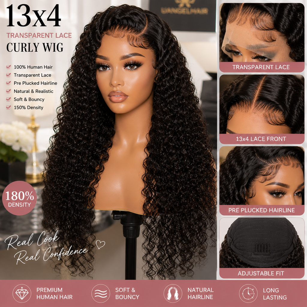 13x4 Jerry Curly Human Hair Wig – Transparent Lace Front, 150% Density, Natural Black Glueless Wig