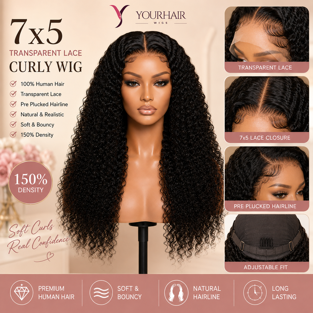 13x4 Jerry Curly Human Hair Wig – Transparent Lace Front, 150% Density, Natural Black Glueless Wig