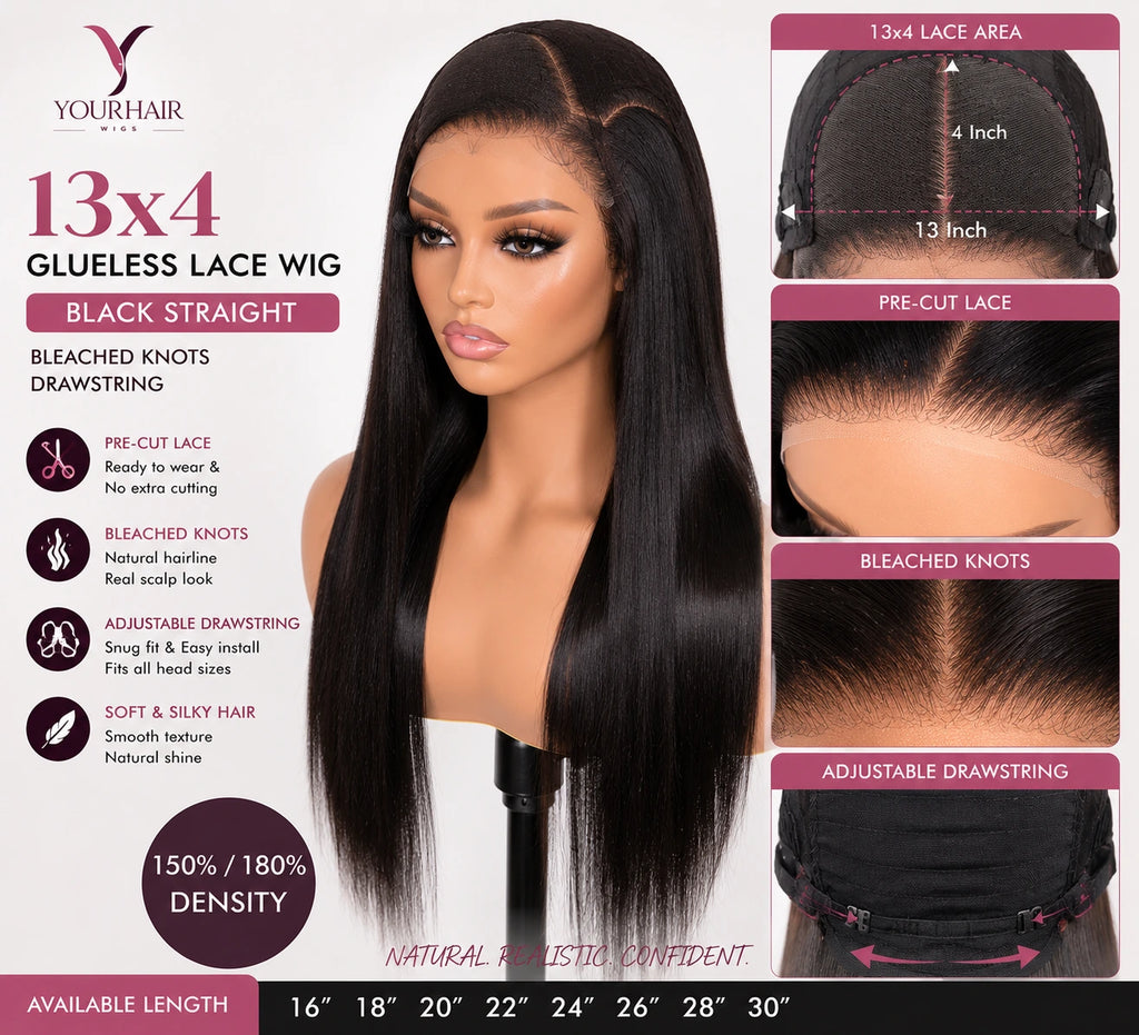 13x4 Glueless Lace Black Straight Wig – Bleached Knots, Drawstring | 150% / 180% Density