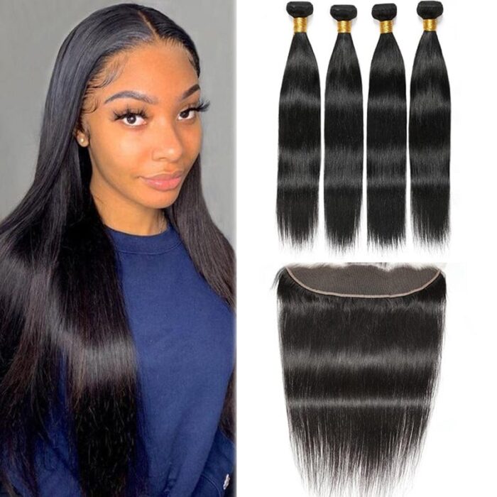 Straight Virgin Human Hair 4 Bundles With 13x4 Lace Frontal